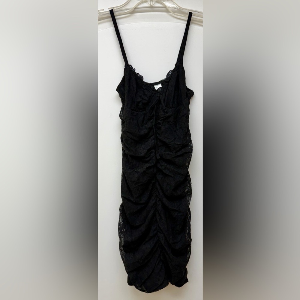203:  H&M Black Lace Ruched Midi Slip Dress with Spaghetti Straps - Small